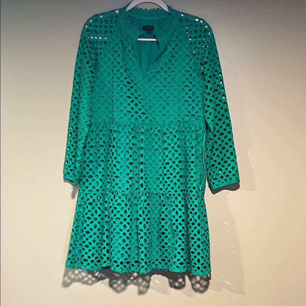 J. Crew Green Eyelet Long Sleeve Dress